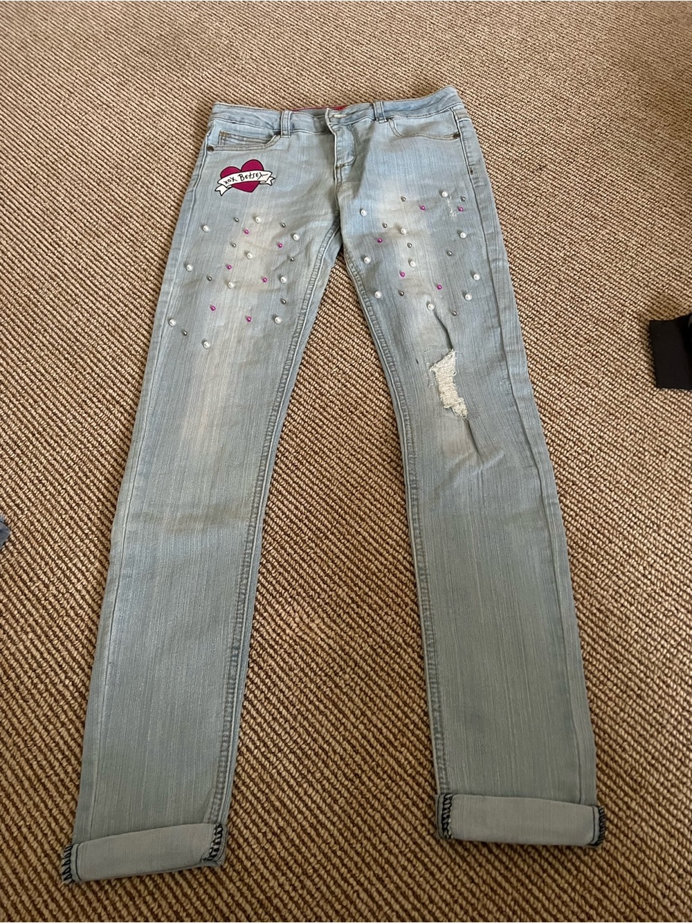 Betsey Johnson Light Blue Skinny Jeans with Studs and Heart Patch